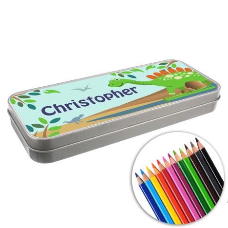 Personalised Dinosaur Pencil Tin with Pencil Crayons Extra Image 1